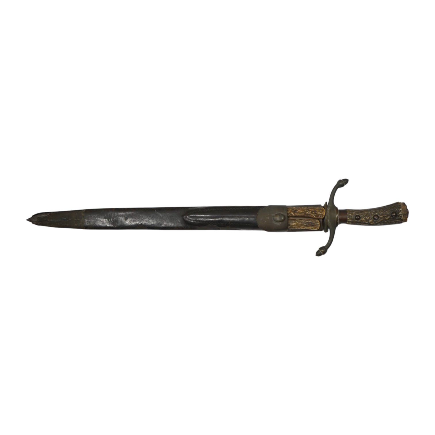 A 19th century Continental hunting hanger, blade cut with twin fullers, recurved brass crosspiece with acorn finials, staghorn grip (pommel missing), in its brass mounted leather scabbard, containing knife and fork (chap